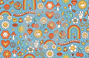 Groovy hippie 1970s background. Funny cartoon flower, rainbow, peace, Love, heart, daisy, mushroom.