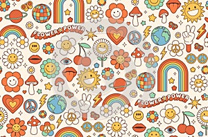 Groovy hippie 1970s background. Funny cartoon flower, rainbow, peace, Love, heart, daisy, mushroom.