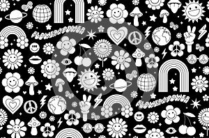 Groovy hippie 1970s background. Funny cartoon flower, rainbow, peace, Love, heart, daisy, mushroom.