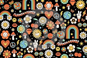 Groovy hippie 1970s background. Funny cartoon flower, rainbow, peace, Love, heart, daisy, mushroom.