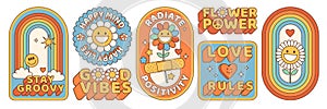 Groovy hippie 70s stickers. Funny cartoon flower, rainbow, peace, heart in retro psychedelic style.