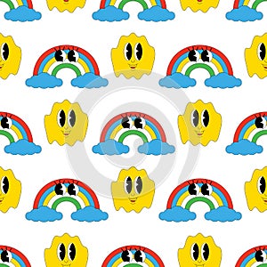 Groovy Hippie Sticker Retro Emoji Retro Pop Art Vector Vintage Illustration Seamless Pattern