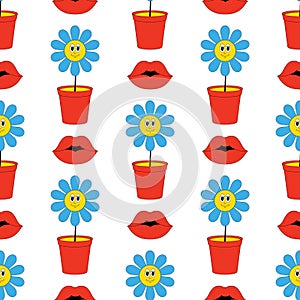 Groovy Hippie Sticker Retro Emoji Retro Pop Art Vector Vintage Illustration Seamless Pattern