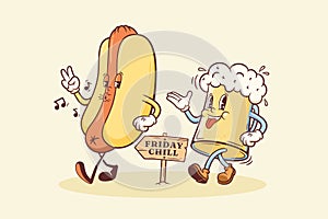 Groovy Hotdog and Beer Mug Retro Character Illustration. Cartoon Sausage, Bun and Drink Glass Walking Smiling Vector