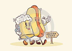 Groovy Hotdog and Beer Mug Retro Character Illustration. Cartoon Sausage, Bun and Drink Glass Walking Smiling Vector