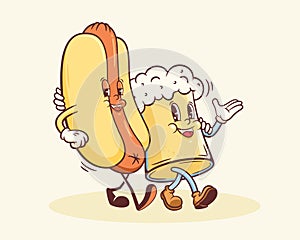 Groovy Hotdog and Beer Mug Retro Character Illustration. Cartoon Sausage, Bun and Drink Glass Walking Smiling Vector