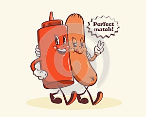 Groovy Hotdog Retro Characters Label. Cartoon Sausage and Ketchup Bottle Walking Smiling Vector Food Mascot Template