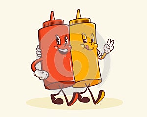 Groovy Hotdog Retro Characters Label. Cartoon Sausage and Mustard Bottle Walking Smiling Vector Food Mascot Template