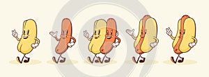 Groovy Hotdog Retro Characters Set. Cartoon Sausage and Bun Walking Smiling Vector Food Mascot Collection. Happy Vintage