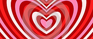Groovy hypnotic hearts background. Red and pink romantic cute pattern. Concentric repeating heart design in retro style