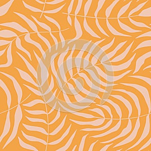 Groovy leaf seamless pattern. Retro trippy cute palm leaves on a yellow background.