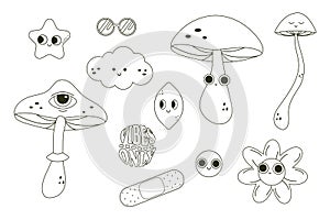 Groovy linear clip art sticker set. Vector illustration