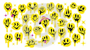 Groovy Melting Smiling Faces. Psychedelic Distorted Emojis. Trippy Acid Rave Style Quirky Cartoon Urban Graffiti In 70s