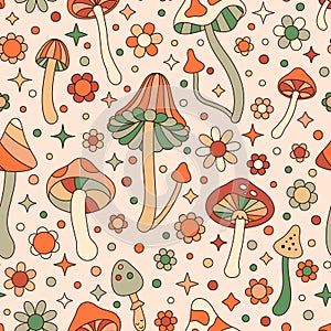 Groovy Mushrooms and Daisy Flowers Seamless Pattern. Retro Hippie Vector Background in 70s 80s Style