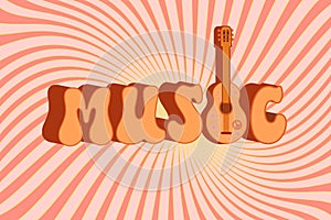 Groovy music Retro guitar with flowers Hippie style Vintage art design Cartoon Vector illustration on a jolly background