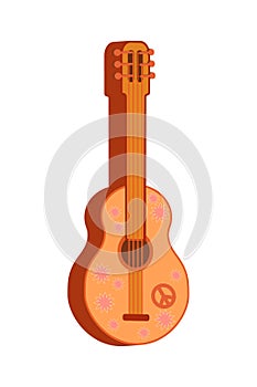 Groovy music Retro guitar with flowers Hippie style Vintage art design Cartoon Vector illustration on a white background