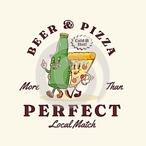 Groovy Pizza and Beer Retro Characters Label. Cartoon Slice and Bottle Walking Smiling Vector Food Mascot Template