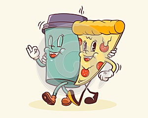 Groovy Pizza and Coffee Retro Characters Label. Cartoon Slice and Paper Cup Walking Smiling Vector Food Mascot Template