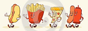 Groovy Pizza, Hotdog and French Fries Characters Illustration. Retro Cartoon Fast Food Mascot Walking Smiling Vector Set