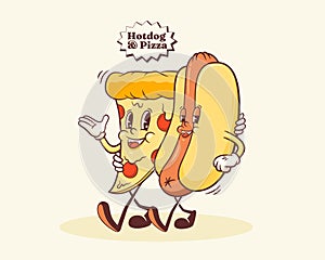 Groovy Pizza and Hotdog Retro Characters Drawing. Cartoon Food Slice and Wiener Sausage Walking and Smiling. Vector Fast