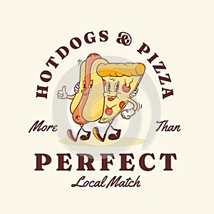 Groovy Pizza and Hotdog Retro Characters Label Template. Cartoon Food Slice and Wiener Sausage with Bun Walking and