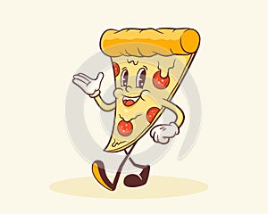 Groovy Pizza Retro Character. Cartoon Food Slice Walking and Smiling. Vector Fastfood Mascot Template. Happy Vintage