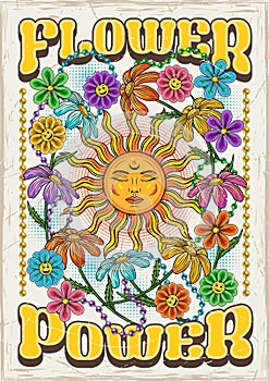Groovy poster with sun, chamomile flowers, beads