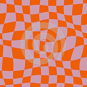 Groovy Psychedelic Checkerboard Seamless Pattern. LIlac and Orange Abstract Background in 70s Retro Style