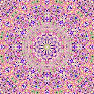 Groovy psychedelic colorful vibrant hippie mandala, green, pink, yellow, and purple