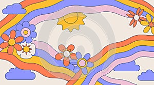 Groovy psychedelic flower power frame. Abstract art banner with Blossoms rainbow clouds sun. Colorful blooms. Funny