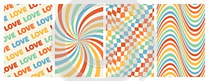 Groovy rainbow backgrounds. Checkerboard, chessboard, mesh, waves, swirl, twirl pattern.