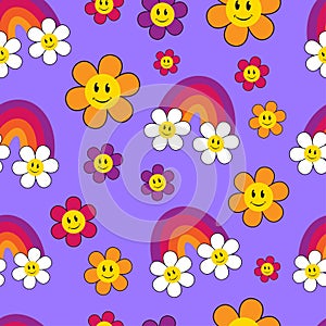 Groovy rainbow with flower clouds in violet sky vector seamless pattern. Retro 70s seamless pattern, hippie background with