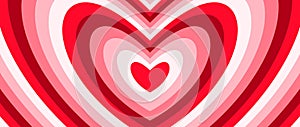 Groovy repeating hearts background. Red and pink romantic pattern. Concentric hypnotic heart design in retro style