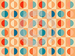 Groovy retro abstract seamless pattern background in retro color palette blue orange. Half circles checkerboard vintage