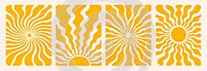 Groovy retro abstract sun backgrounds. Organic doodle shapes in naive hippie style. Contemporary poster print template