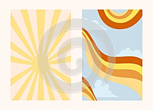 Groovy retro backgrounds pack with blue sky and sun, clouds and rainbow, vector illustrations