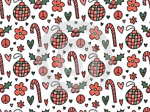 Groovy retro Christmas seamless pattern background with 60s 70s hippie cute festive winter hand drawn doodles - disco