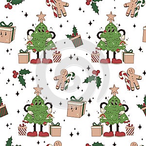 groovy retro christmas seamless pattern on white background