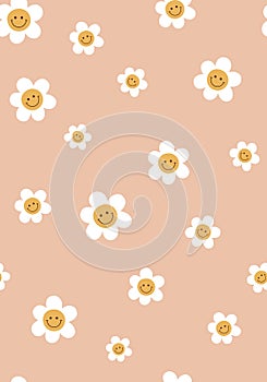 Groovy retro daisy flowers background. Groovy flowers seamless pattern. Groovy floral pastel wallpaper with flowers