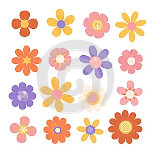 Groovy retro daisy flowers set. Pastel color Hippie psychedelic stickers in 1970s style. Vector Disco geometric