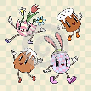 Groovy retro Easter cartoon characters set. Easter eggs and kulich (Panettone) mascots on light green check background. photo