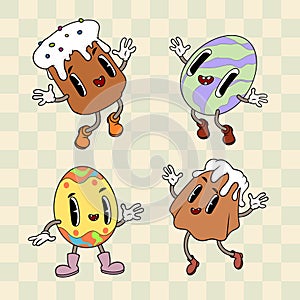 Groovy retro Easter cartoon characters set. Easter eggs and kulich (Panettone) mascots on light green check background. photo