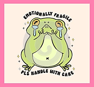 Groovy Retro frog crying emotionally fragile handle with care vibrant pastel drawing sticker printable photo