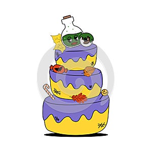 Groovy retro halloween character. Funky smile cartoon sticker. Cute cake on white background. Happy Halloween. Trendy