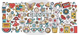 Groovy retro hippie stickers, flowers, rainbows and mushrooms. Cartoon psychedelic hippie badges flat vector symbols illustration