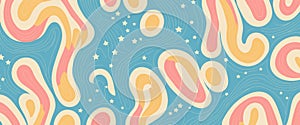 groovy retro pattern featuring wavy shapes, circles, and stars in shades of light blue, light orange, and pink on a light beige photo