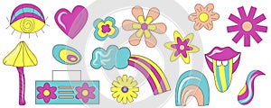 Groovy retro psychedelic set with flower, rainbow and music. Retro happy flower vector art illustration. Vintage floral