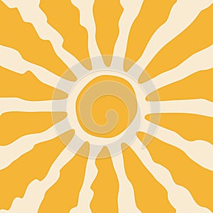 Groovy retro yellow sunburst starburst with ray of light. Background with yellow sun in 60s, 70s hippie style. Trendy colorful