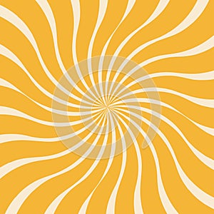 Groovy retro yellow swirl sunburst starburst with ray of light. Abstract background with colorful sun in 60s, 70s hippie style.