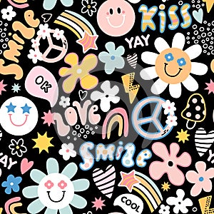 Groovy seamless pattern with flowers, rainbow, stars, daisy, peace sign. Retro style texture. Vector illustration